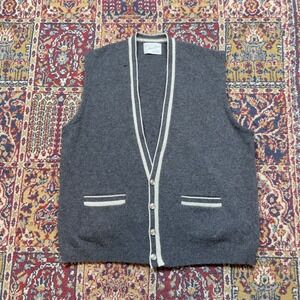 VTG 50s 60s Manlee‎ Lambswool Cardigan Vest Grey metal Button Front Pocket L